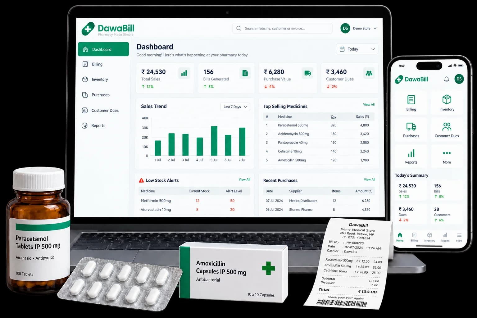 DawaBill pharmacy dashboard illustrated on a laptop and phone, beside medicines and a printed receipt